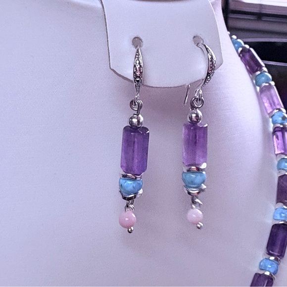 Artisan Handmade Purple Amethyst & Turquoise Sterling 925 Necklace & Earring Set - Picture 7 of 12
